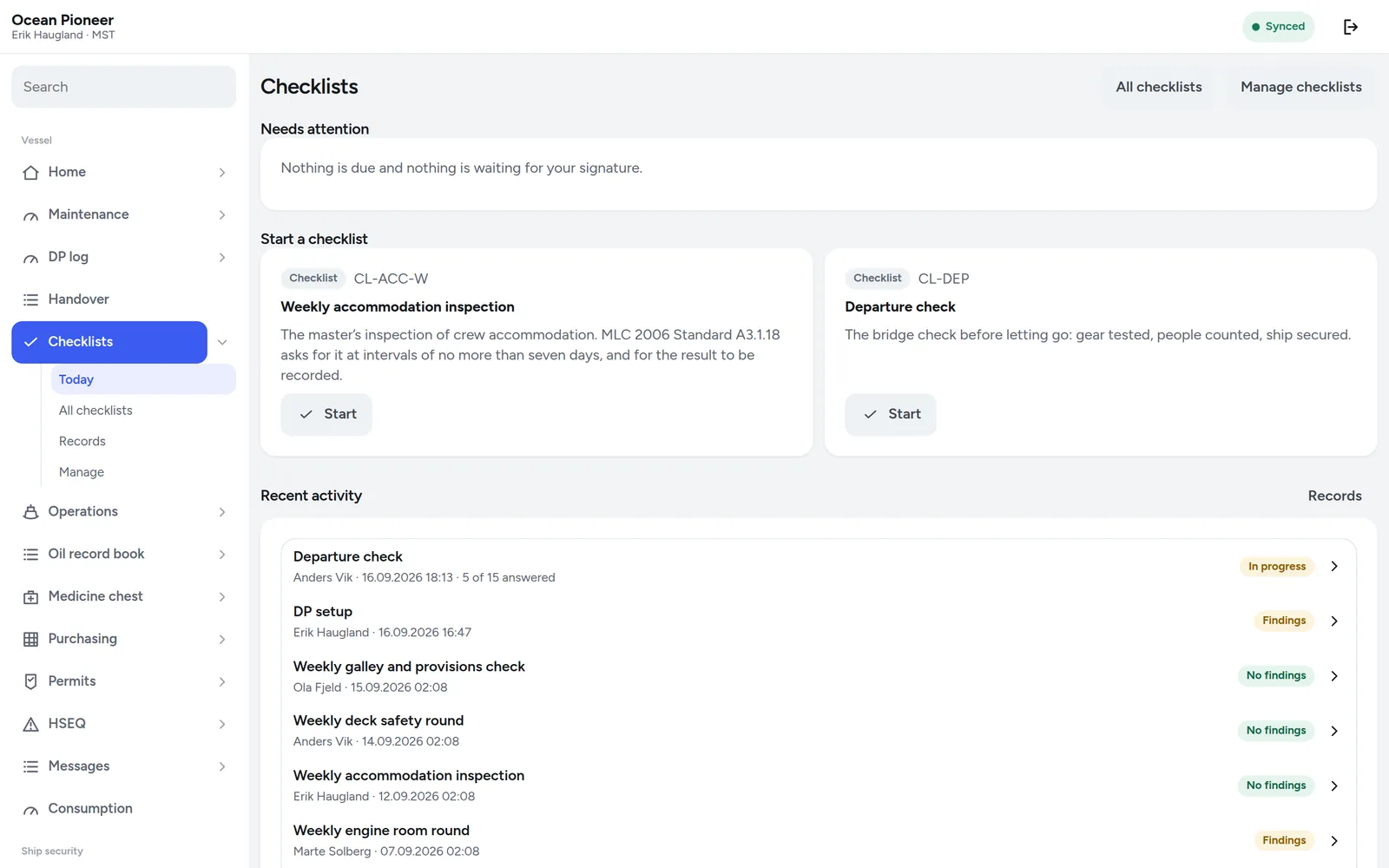 The daily checklists screen with sections for due today, overdue and completed.