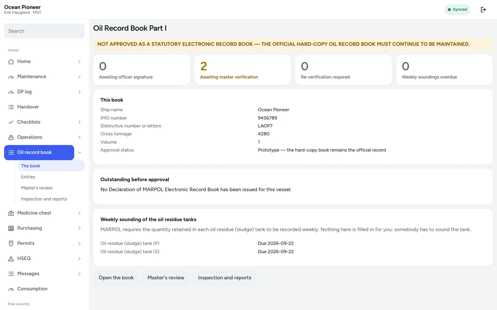The Oil Record Book screen showing coded entries in chronological order with their signatures.