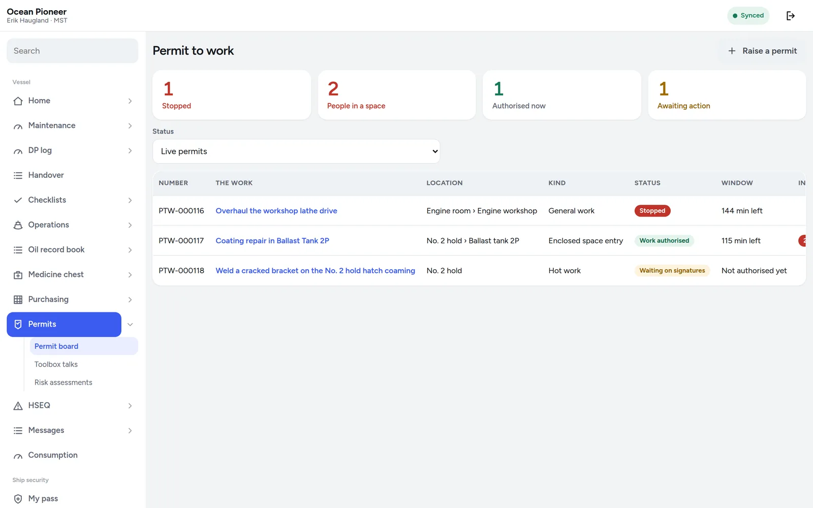 The permit-to-work board listing live permits with type, location, isolations and expiry time.